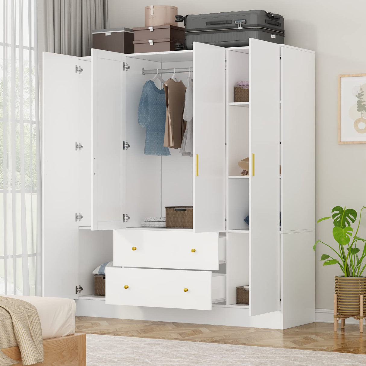 Wardrobe Armoire with Mirror, 5-Tier Shelves, 2 Drawers, 2 Hanging Rods and 4 Doors