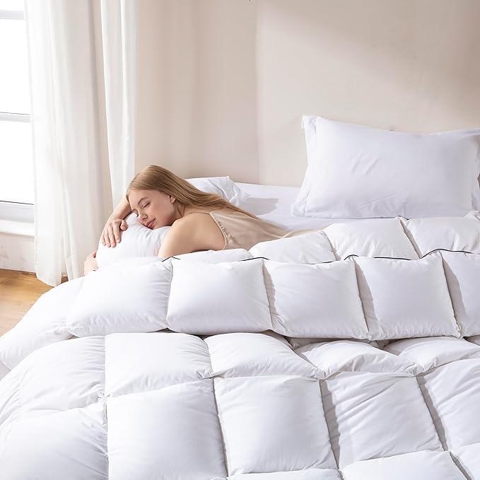Feather Down Fiber Comforter Twin, White Fluffy Duvet Insert with Ultra Soft 100% Cotton Cover