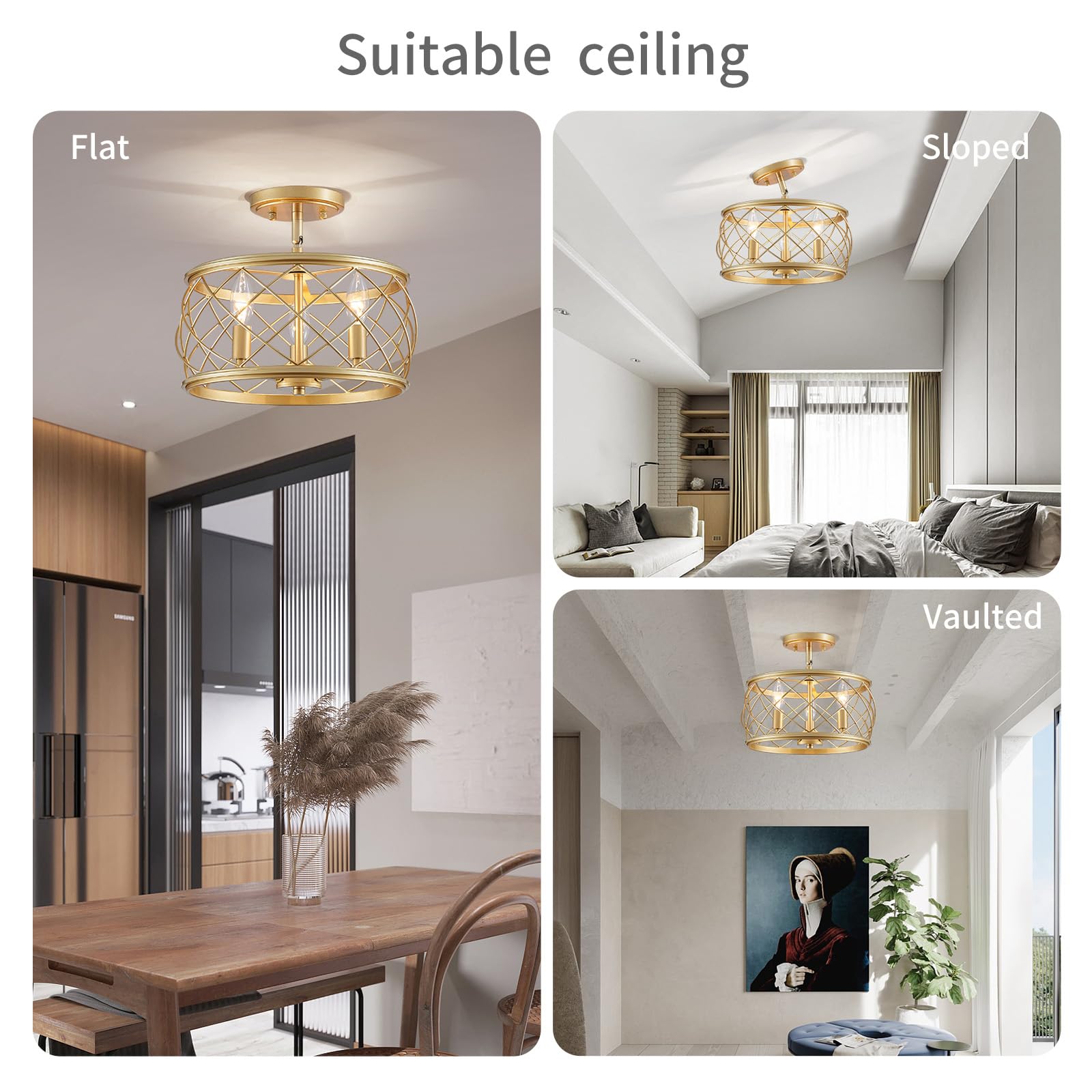 Gold Semi Flush Mount Ceiling Light, Industrial Vintage Close to Ceilinges for