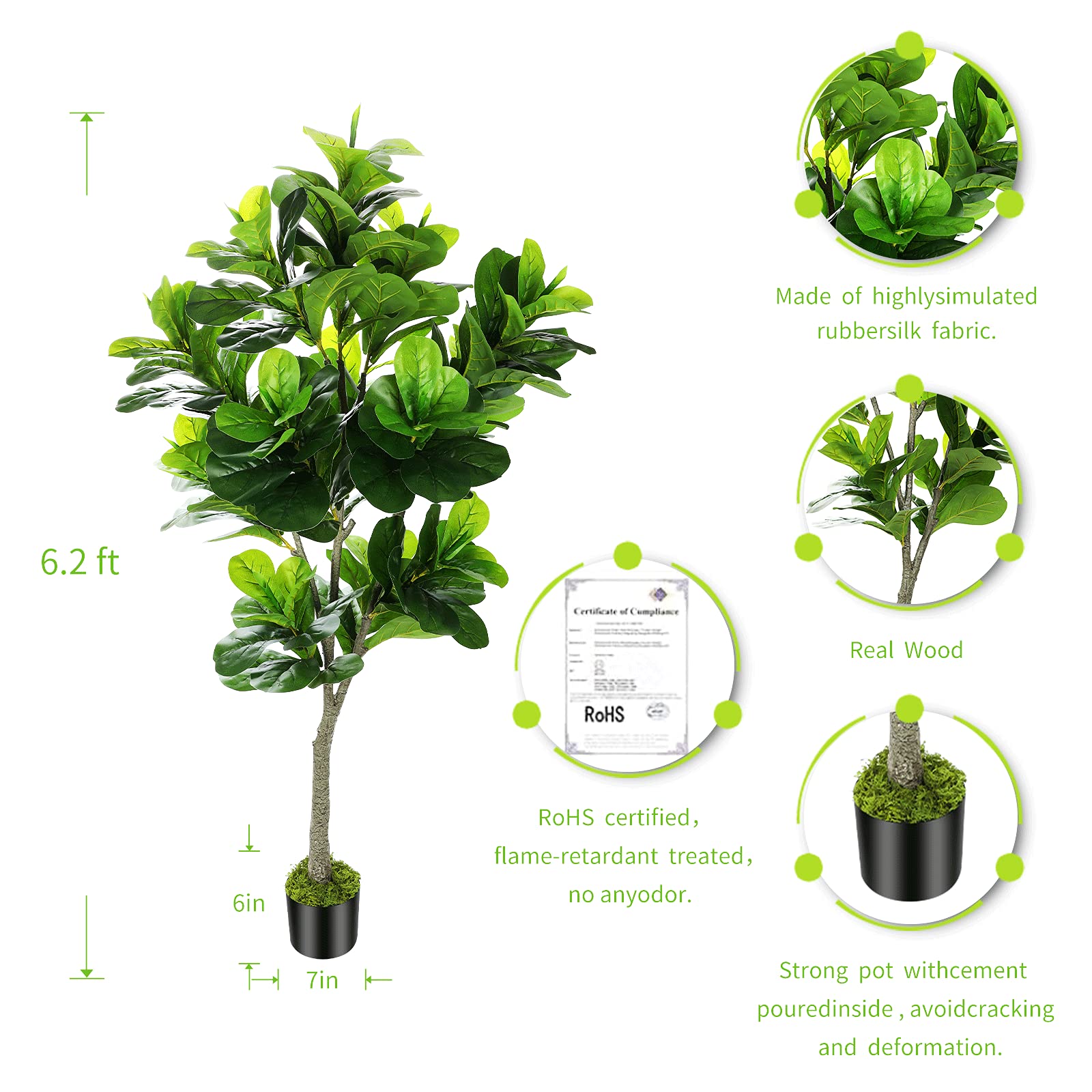6ft Full Artificial Fiddle Leaf Fig Tree (72in) with Plastic Nursery Pot Faux Tree,
