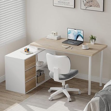 L Shaped Computer Desk, 47 Inch Home Office Desk with File Drawers & Storage Shelves