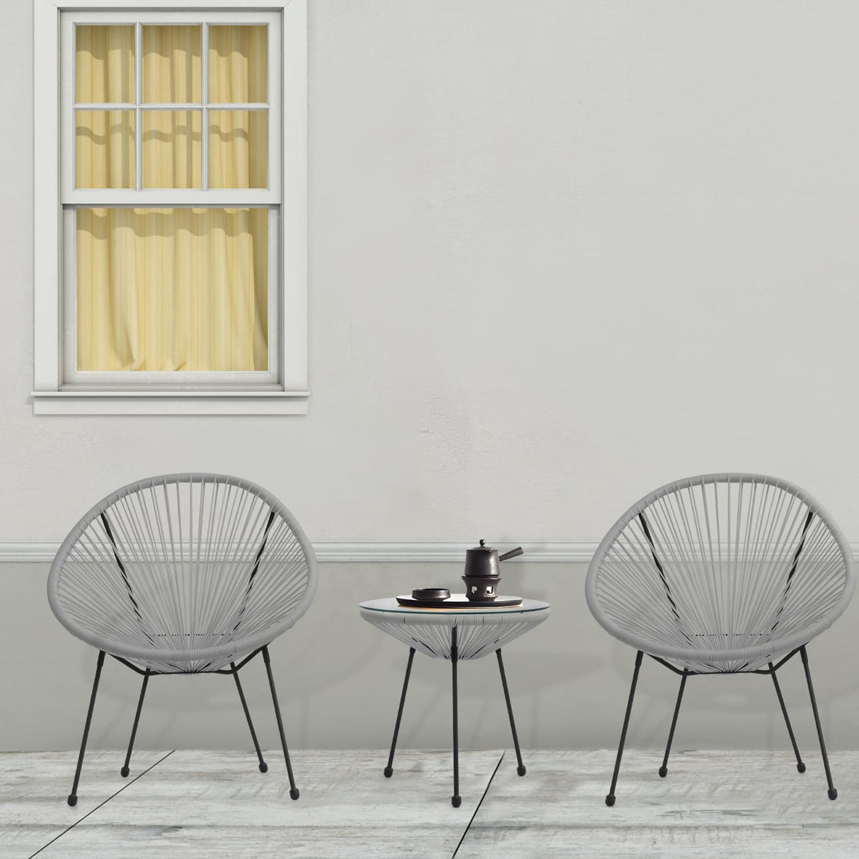 Outdoor Acapulco Chair Set 3-Piece with Glass Top Table, Lightweight All-Weather Woven