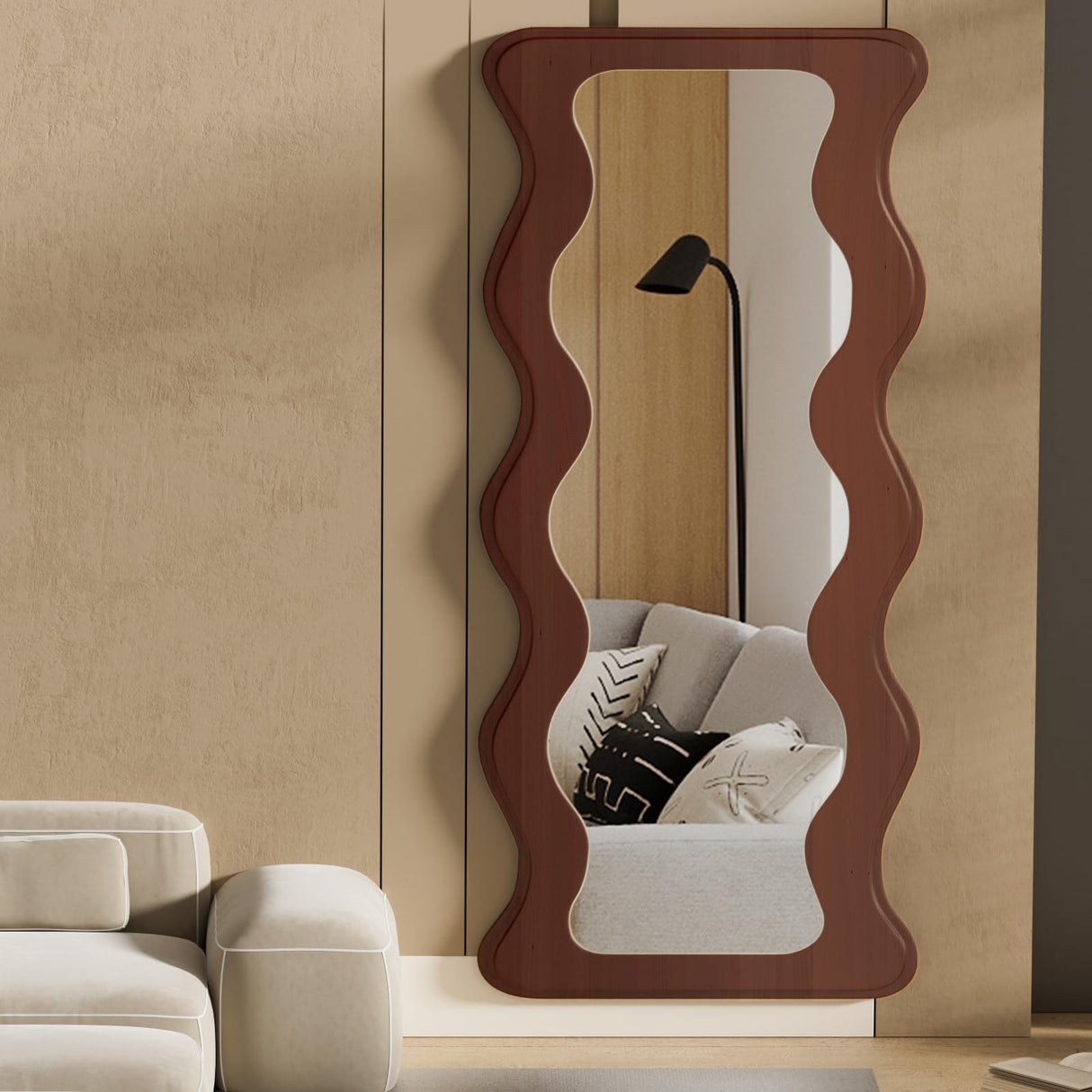 65" x 24" Full Length Mirror Wood Framed Wavy Walnut Full Body Mirror Shatter-Proof