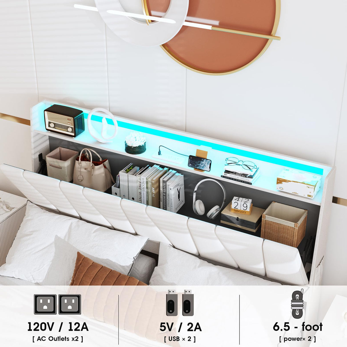 Full Size Platform Bed with Storage Headboard & LED Lights