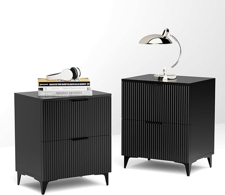 Nightstand Set of 2 with 2 Drawers Night Stand with Fluted Panel, Modern Bedside