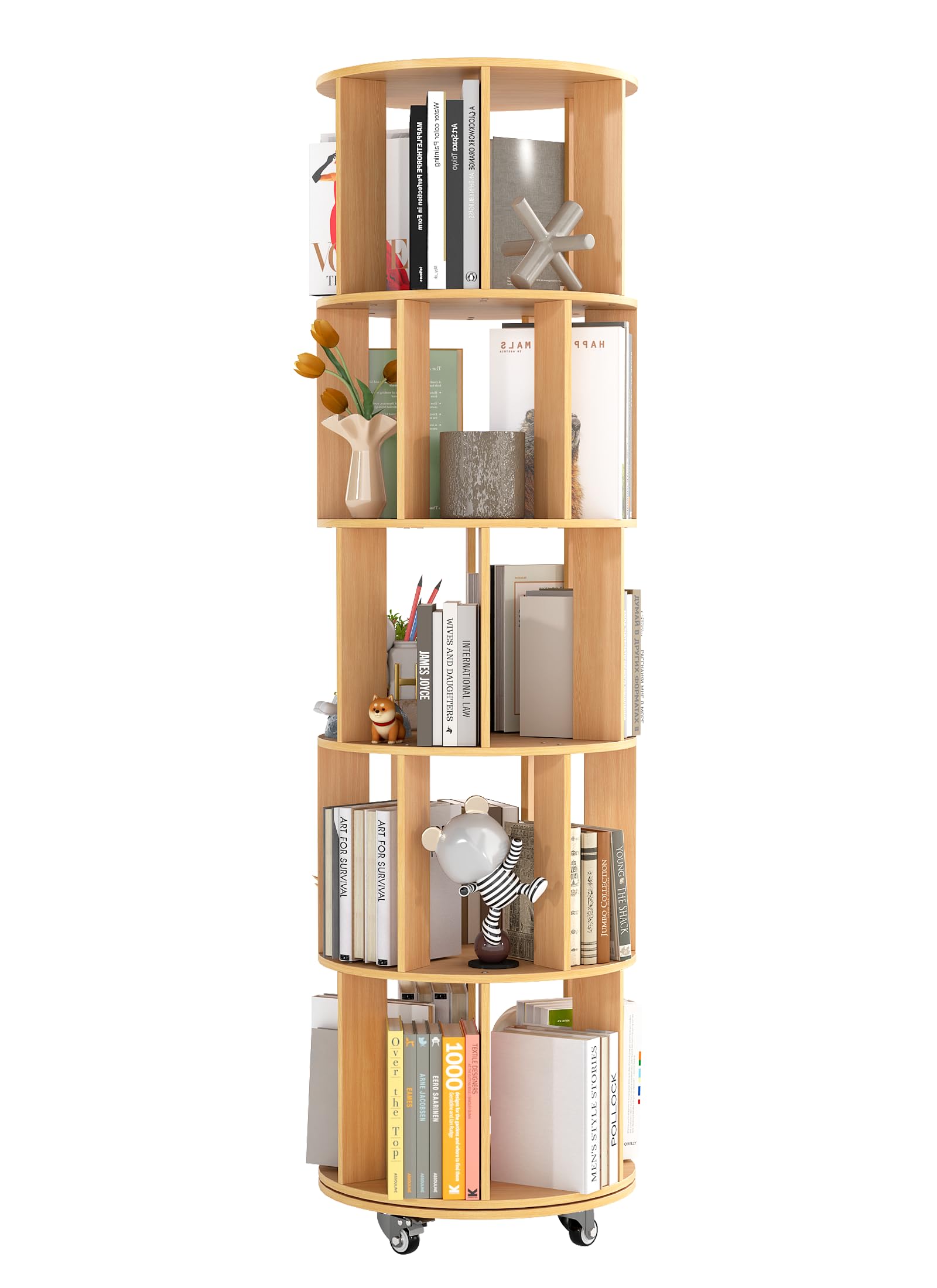 5 Tier Rotating Bookshelf with Wheels 360° Display Stackable Spinning Book shelf