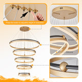 10-Rings Modern LED Chandelier Black Gold Large Dimmable Remote Chandeliers Lighting for Foyer,