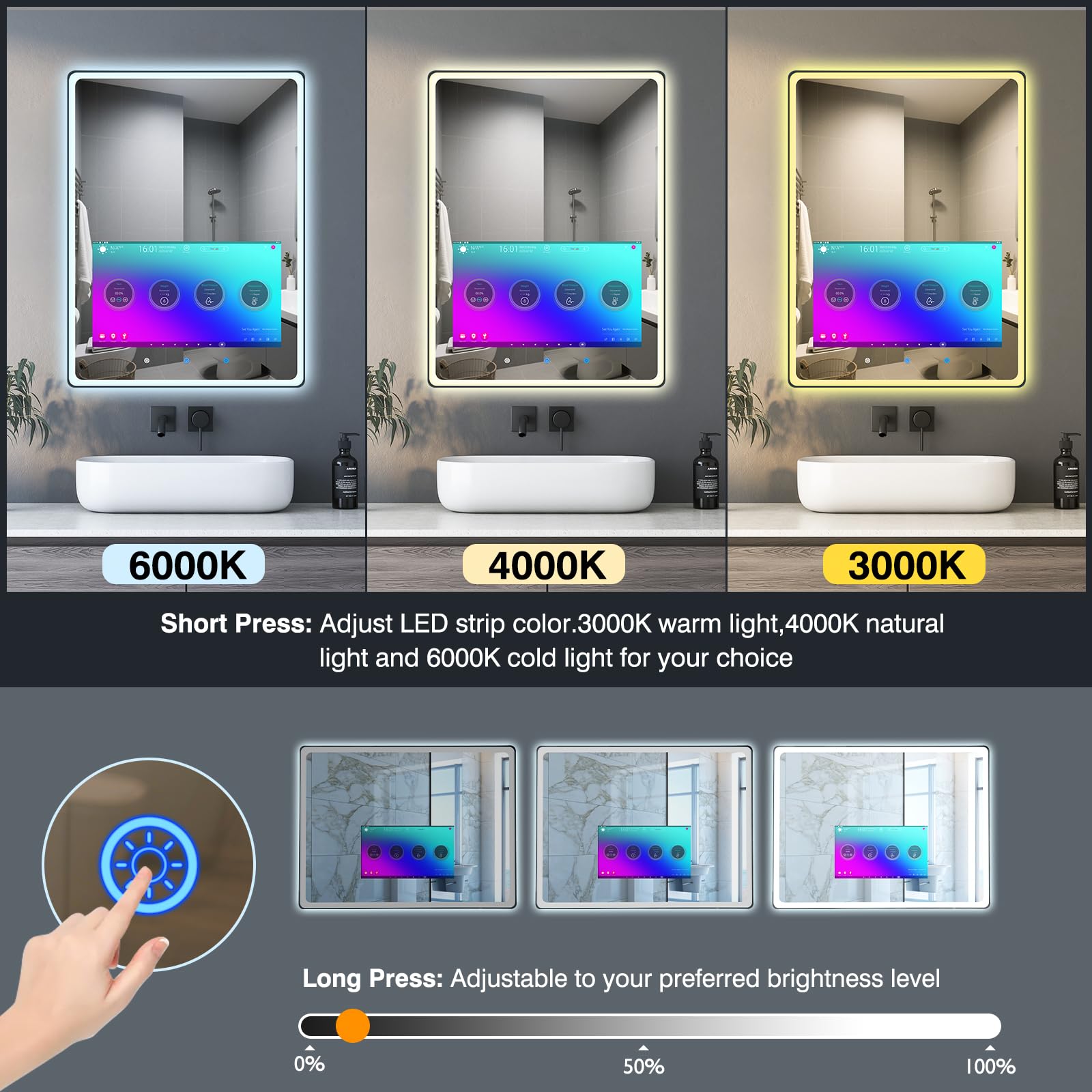 39×20 Inch Smart Bathroom Mirror with Touchscreen TV