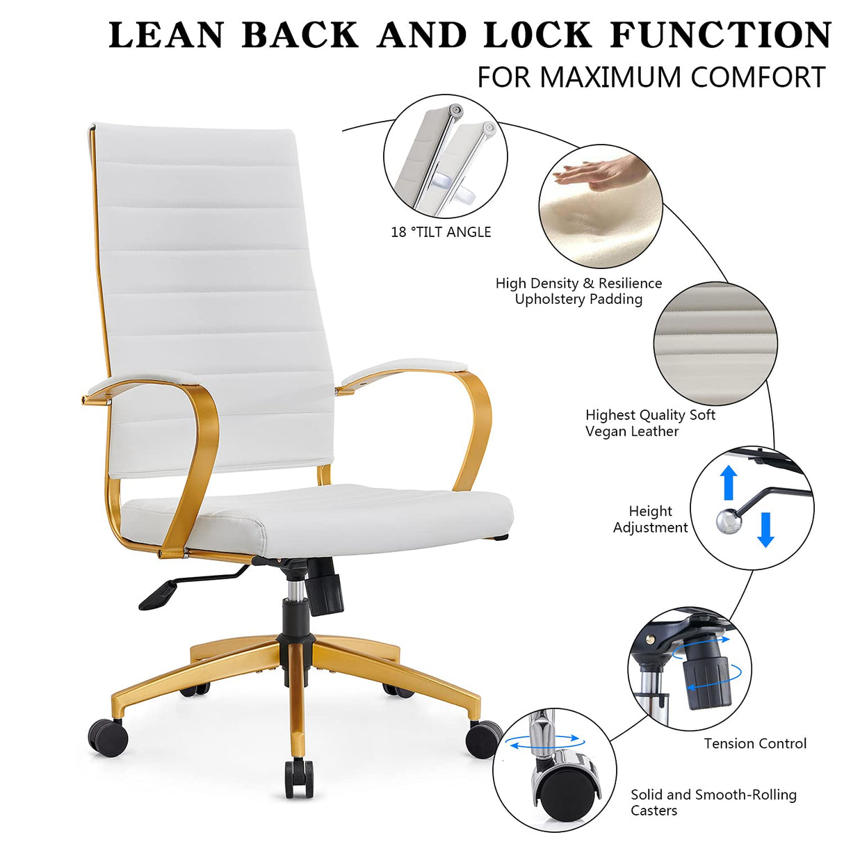 Modern Gold Office Desk Chair with Wheels and Arms - High Back Executive Chair