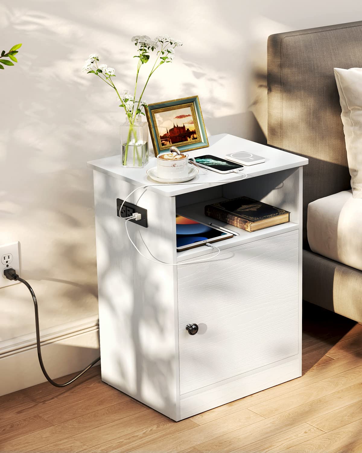 Narrow End Table with Charging Station, Side Table, Flip Top, Shelf and USB Ports Nightstand for Living Room, Bedroom