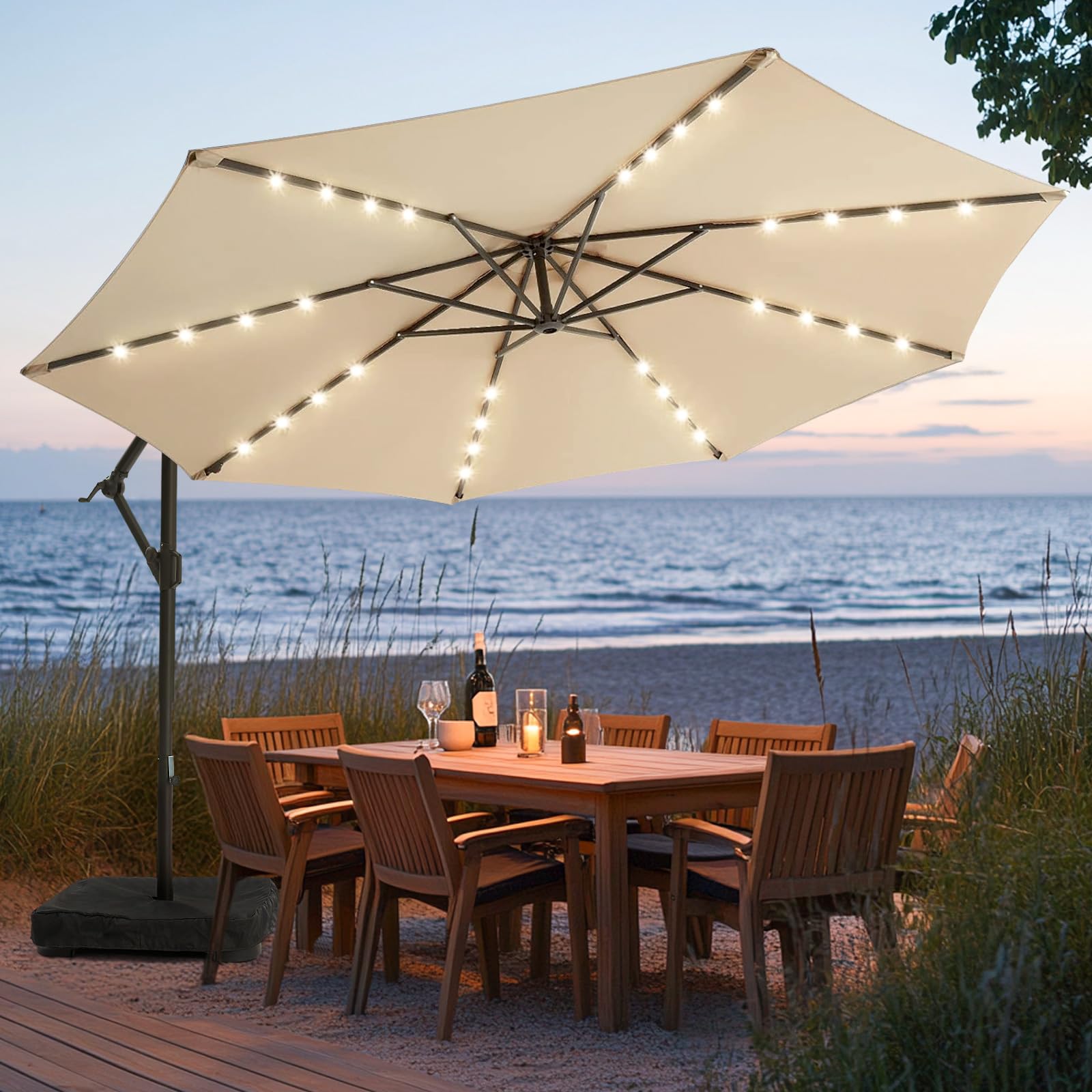 10FT Solar Patio Offset Umbrella with Base Included, Outdoor Cantilever Umbrella Hanging