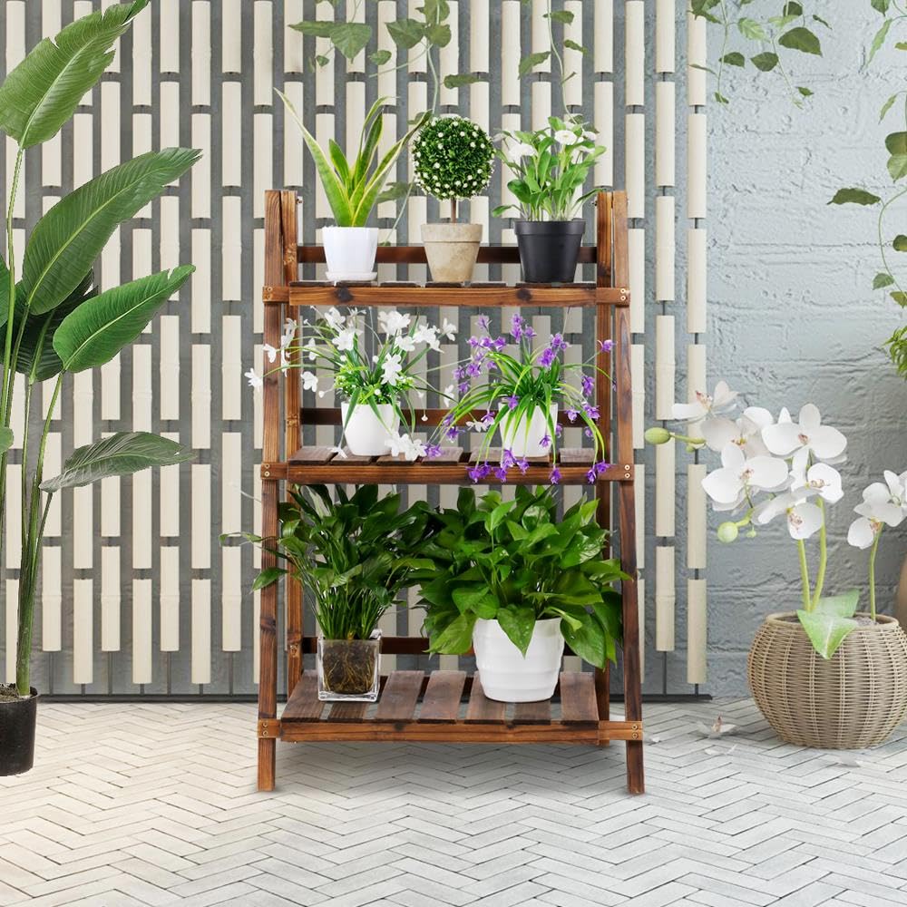 Folding Plant Stand Wooden Foldable Plant Shelf 3-Tier Flower Pot Stand Plants