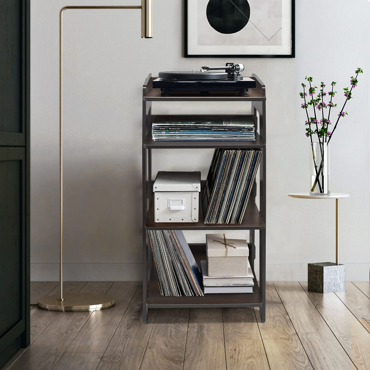 Record Player Stand, 4 Tier Wooden Turntable Stand