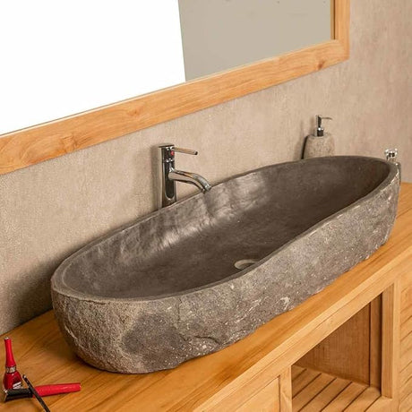 Natural River Stone Vessel Sink XXL – Handcrafted Bathroom Basin, Countertop Vanity