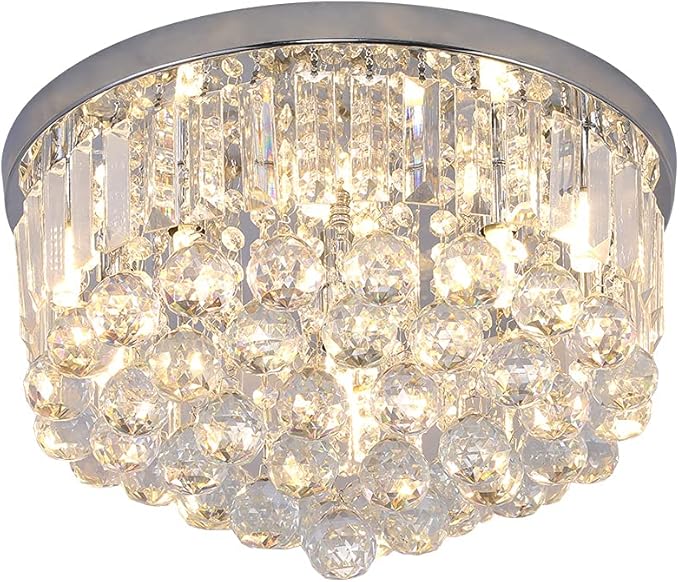 Mini Crystal Chandelier Ceiling Light,Flush Mount Modern Round K9 Crystal Raindrop