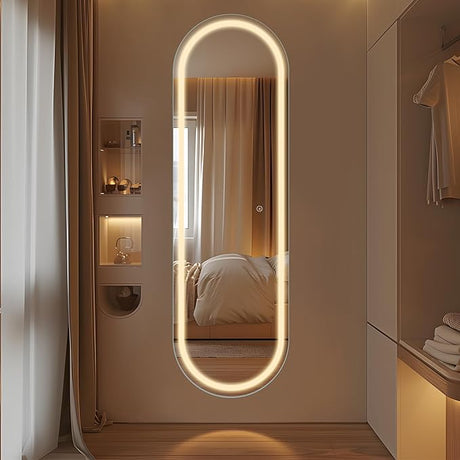 Rectangle Full Length Mirror with LED Lights, 64"x20" Full Body Floor Mirror Standing Hanging or Wall Mount Mirror for Bedroom, Aluminum Frame, Dimming & 3 Color Lighting