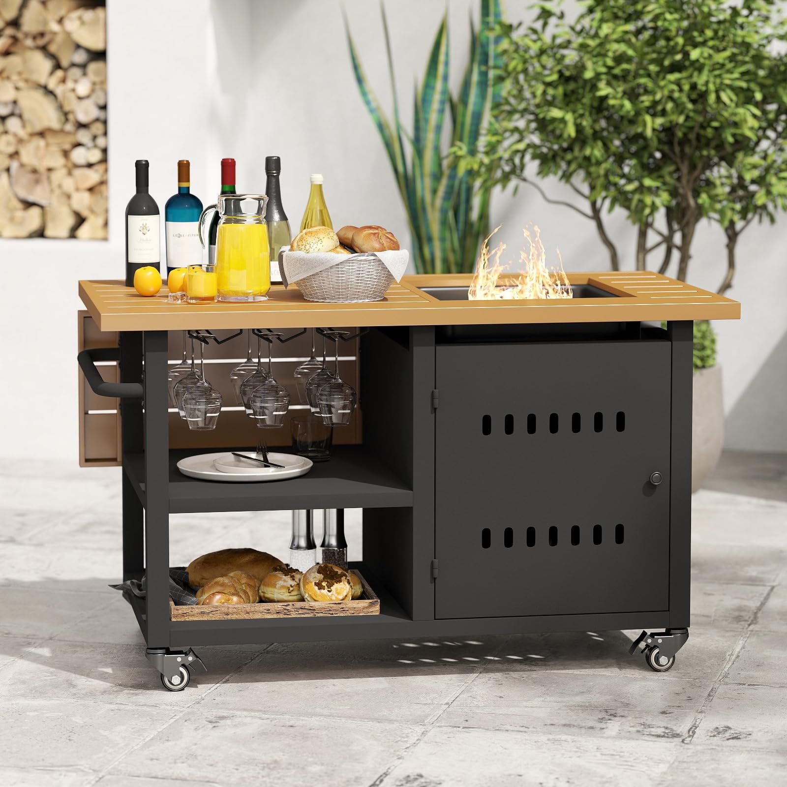 DAYAOUTDOOR Gas Fire Pit Table with Universal Wheels, 50000 BTU Patio Rectangular Firepit Tables with Handlebar, 44" Propane Fire Pit with Storage Space and Wine Glass Holder for Outdoor, Deck, Black - Bircata