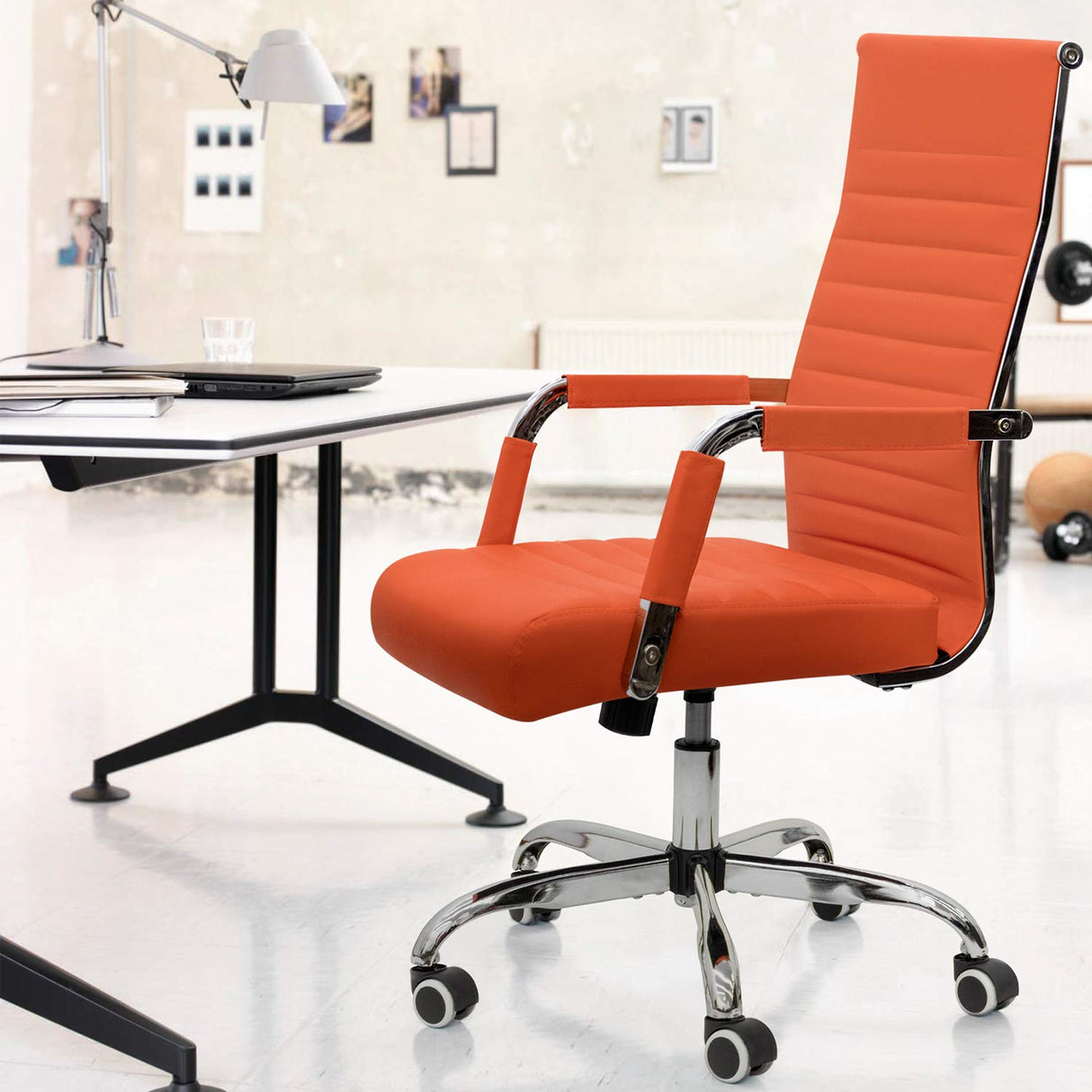 Ribbed Office Desk Chair Mid-Back Leather Executive Conference Task Chair Adjustable