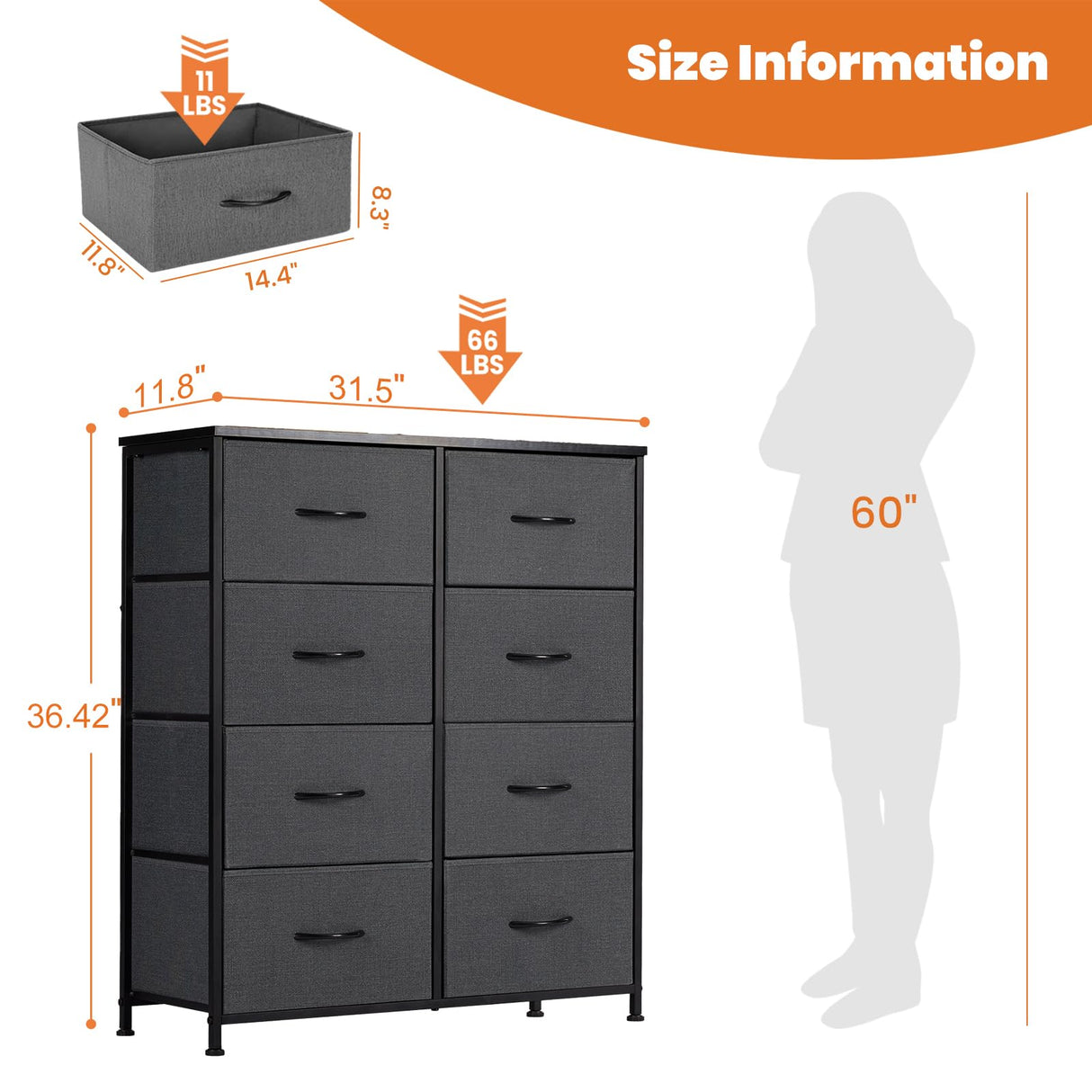 NCH2-8BC-SW-GY, 8 Drawers, Grey