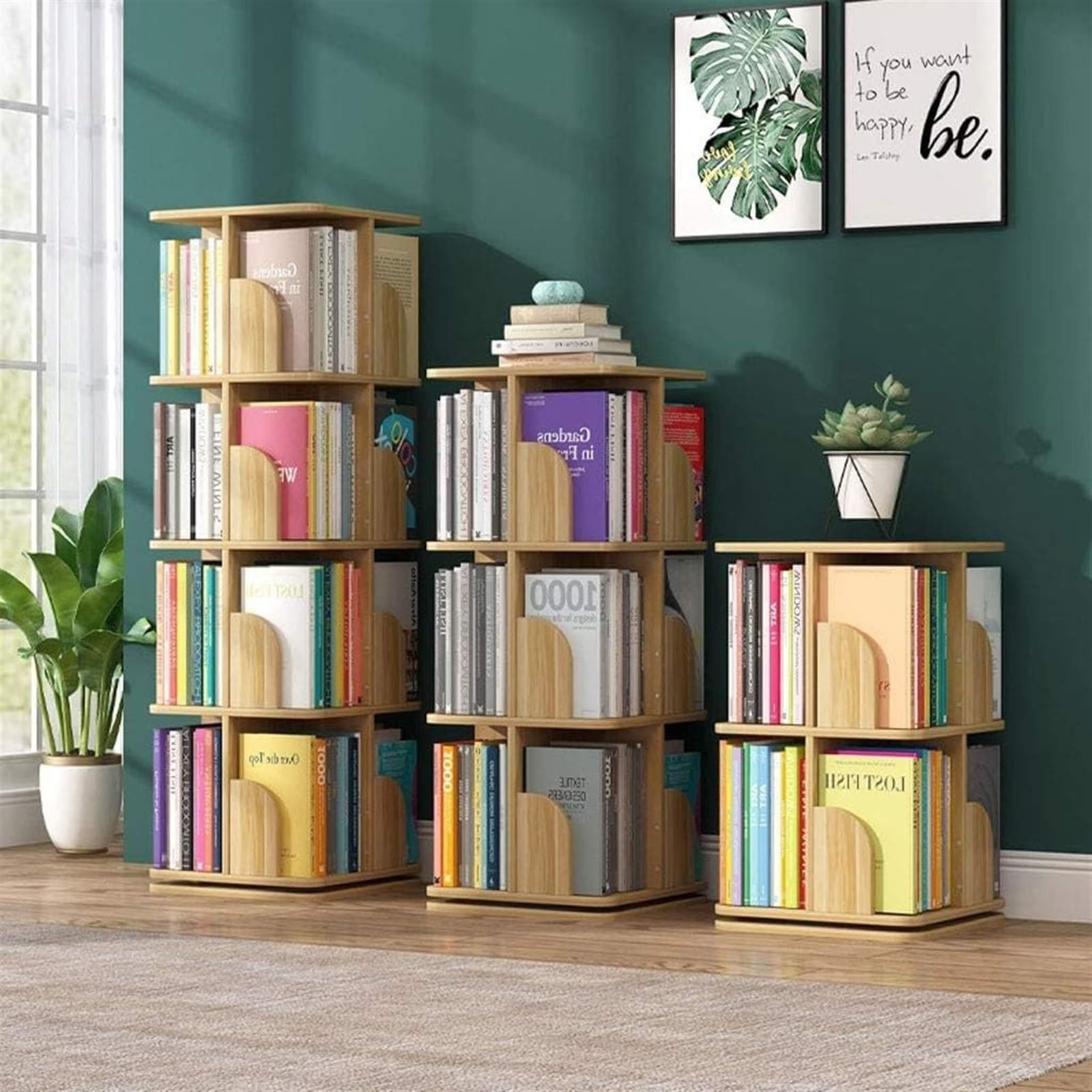 Bookshelf 360°Rotation with Wheels Bookcase Bookshelves Home Space Saving Floor Rack Bookcase