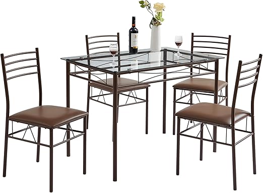 5 Piece Dining Table Set for 4 with Chairs, Glass Tabletop, Small Space, Silver