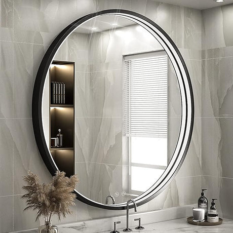 28 Inch LED Black Frame Round Mirror,Round Bathroom Mirror with Light,Anti-Fog & Dimmable