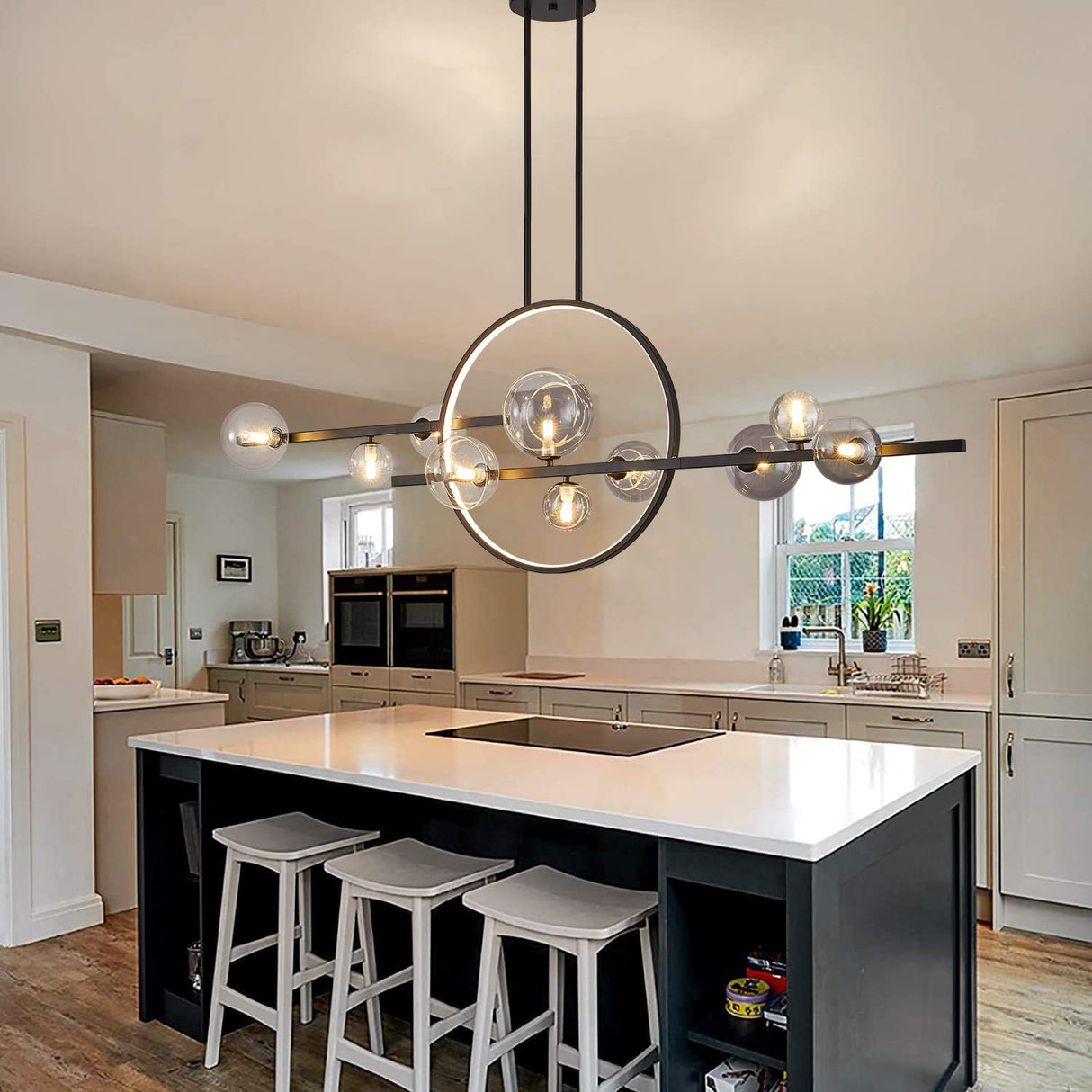 54" Kitchen Island Lighting,10-Light Chandelier with Glass Globe Shade,Black LED Dining