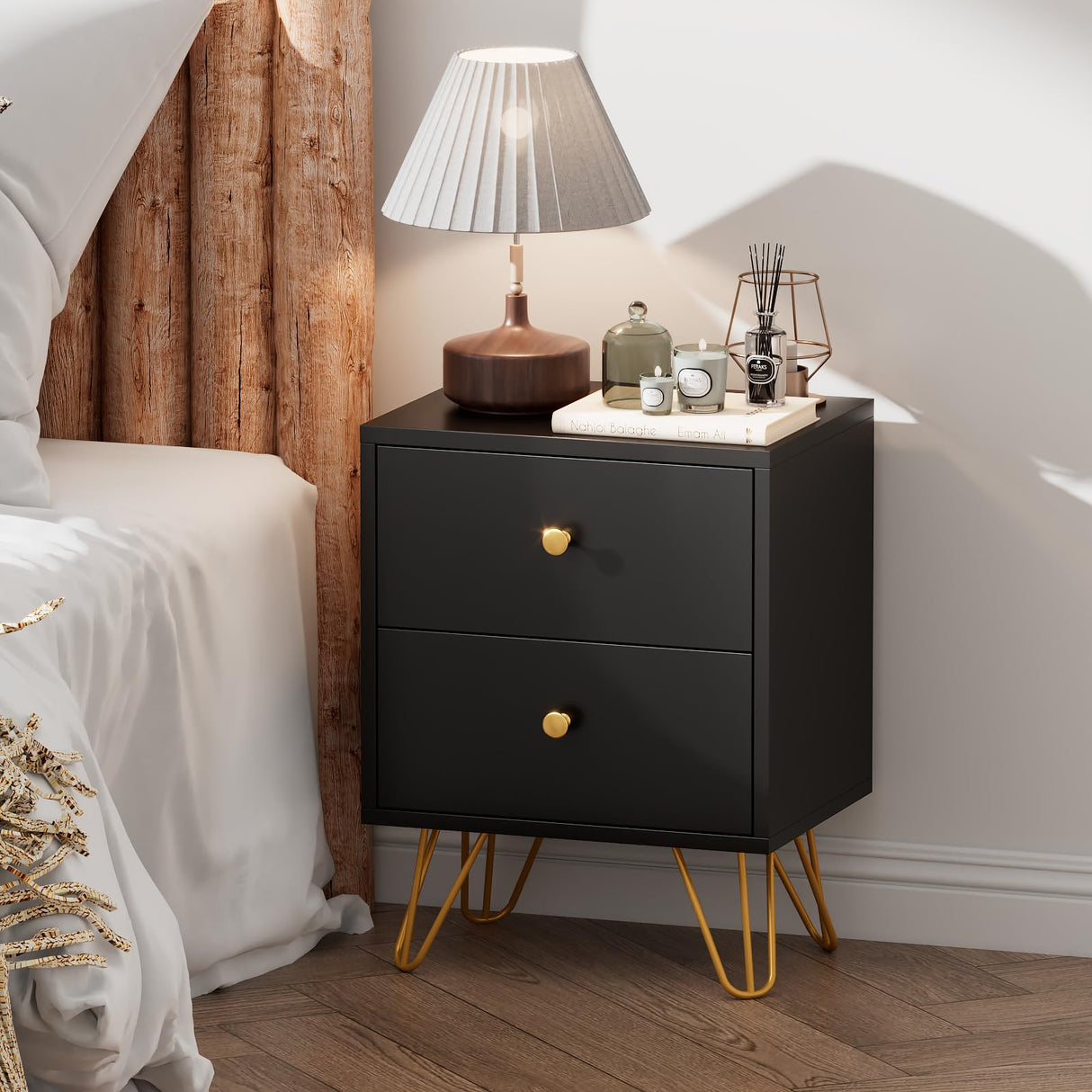 Black Nightstand, Black and Gold Nightstand, Night Stand with Drawers, Small End Table