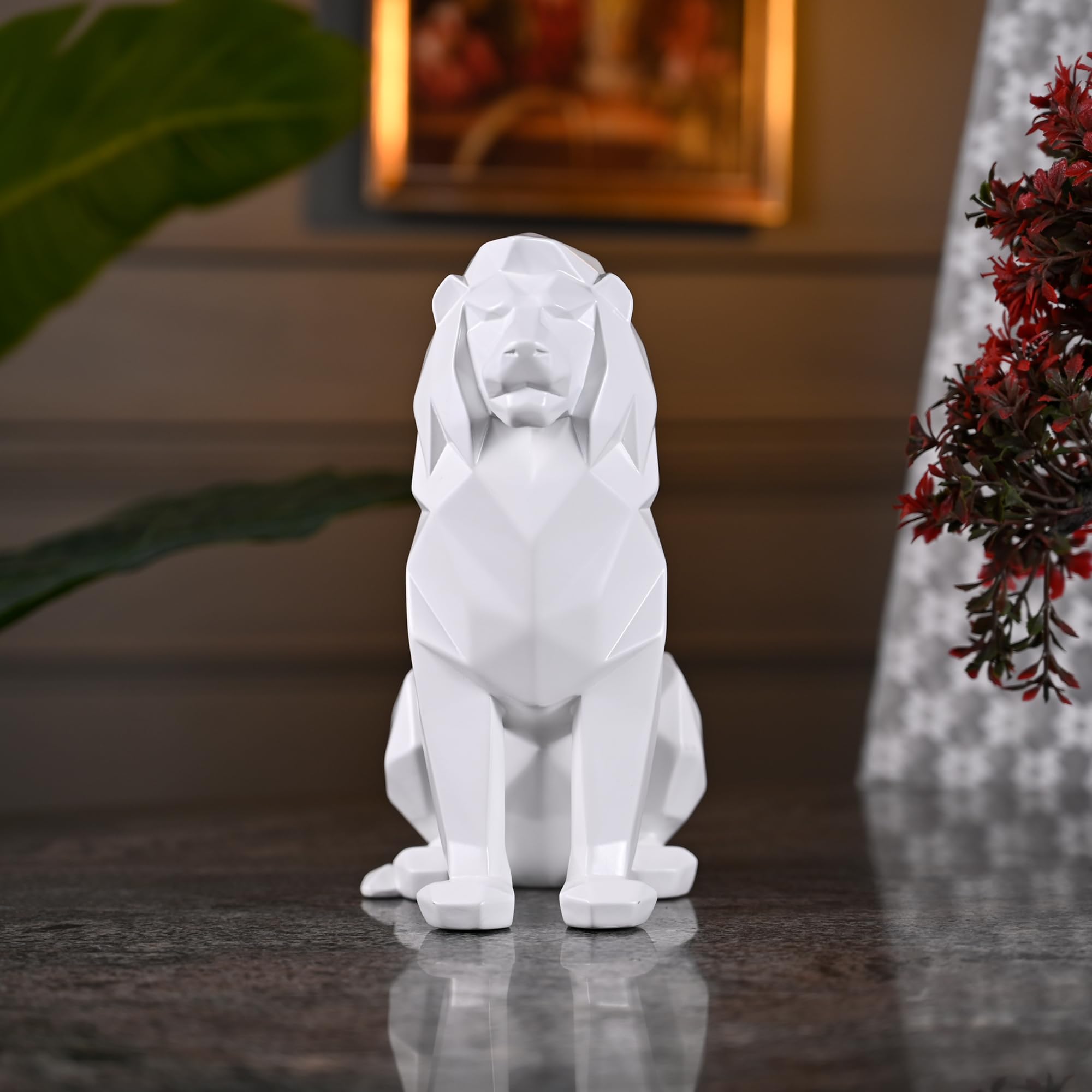 White Lion Sculpture - Abstract Geometric Animal Statue for Coffee Tables