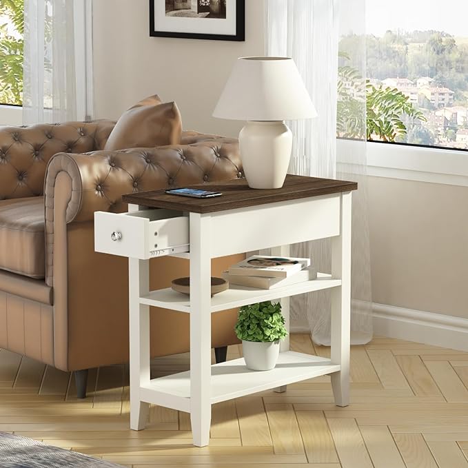 Side Table Living Room, Narrow End Table with Drawer and Shelf, 3-Tier Sofa End Table