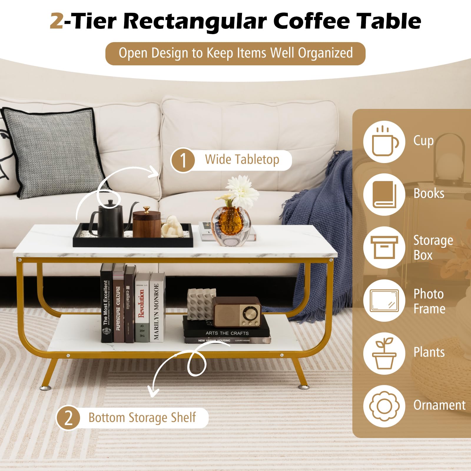 2-Tier Coffee Table, Rectangular Center Cocktail Table with Faux Marble