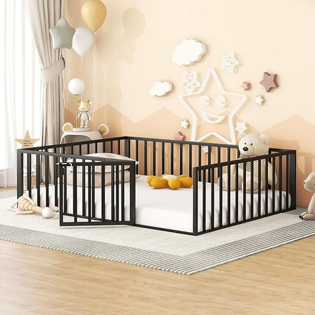 Full Size Floor Bed with Door and Fence for Kids, Montessori Floor Bed