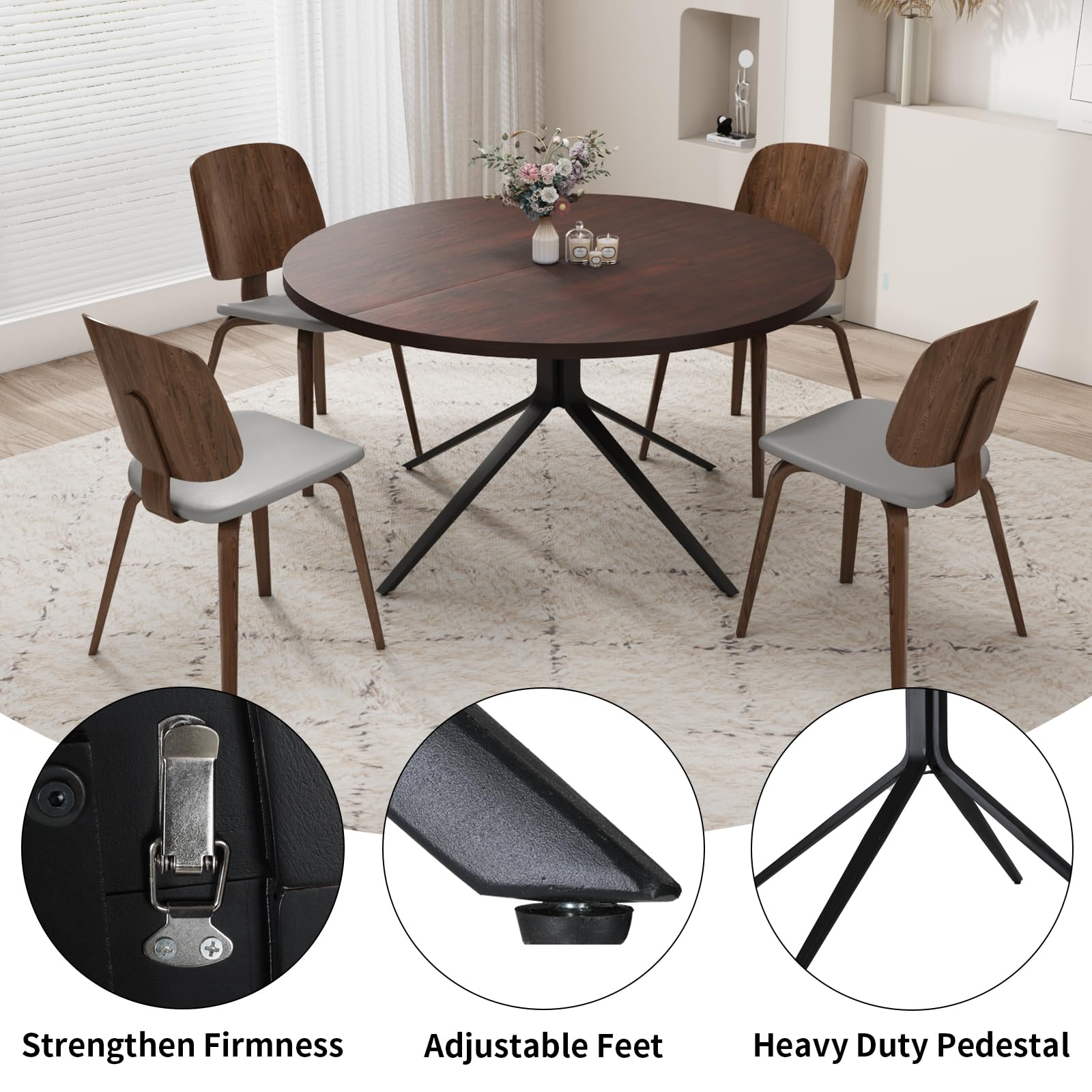 47-Inch Round Solid Wood Dining Table for 4-6 People