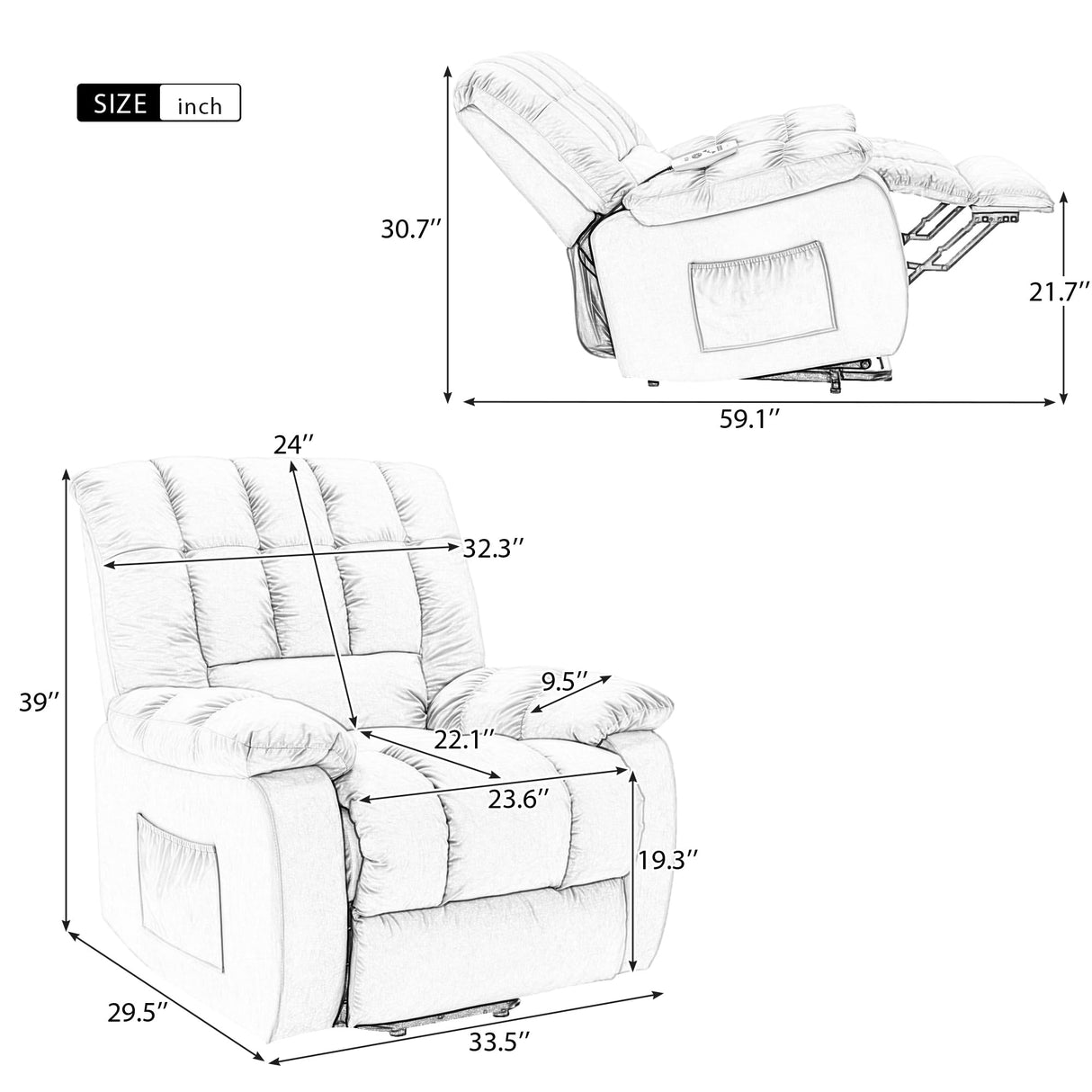 Infinite Position Reclining Chair Single Leisure Sofa w/Massage,Heat&Lumbar Support for Elderly,Overstuffed Home Theater Seating Lounge w/Side Pocket&Armrest for Livingroom (Beige)