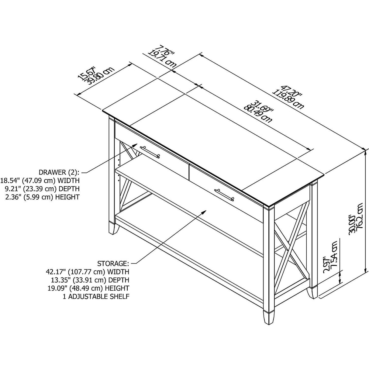 Key West Console Table with Drawers and Shelves in Washed Gray