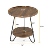 Set of 2 Round Side Table, 2-Tier End Table with Metal Legs, Modern Industrial Beside Table