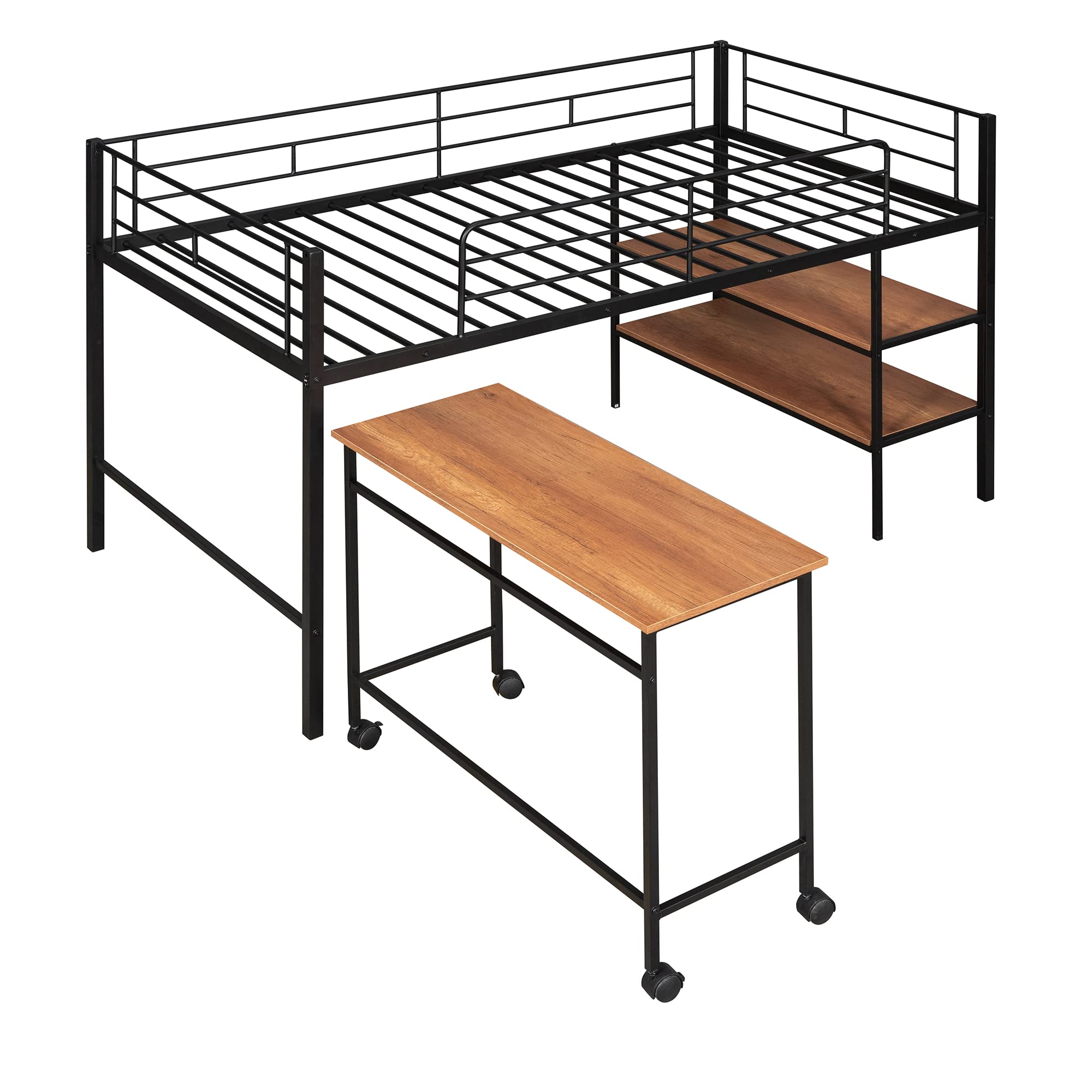 Twin Size Loft Bed with Desk and Storage Shelves,Metal Twin Size Bed with Rolling Portable Desk, Low Loft Bed with Full-Length Guardrail for Kids Boys Girls Teens(Black)