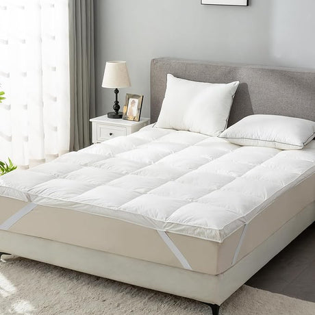 Goose Down Feather Bed Mattress Topper,Down Matress Topper Cover with Straps,