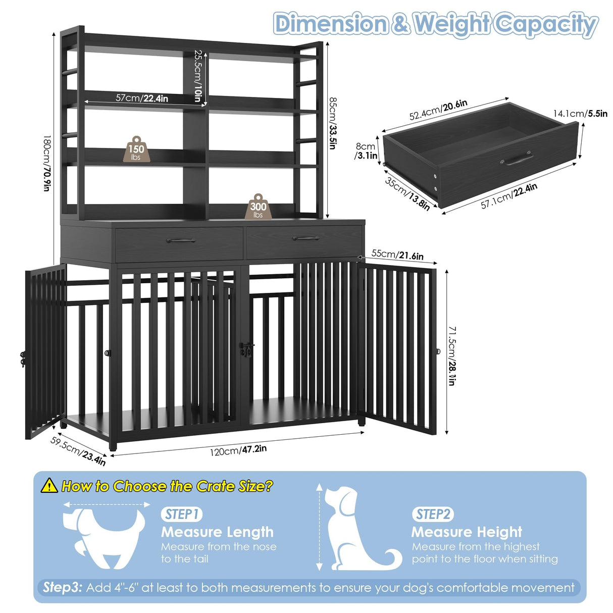 Large Dog Crate Furniture with Storage - 71H x 47W Heavy Duty Indoor Kennel