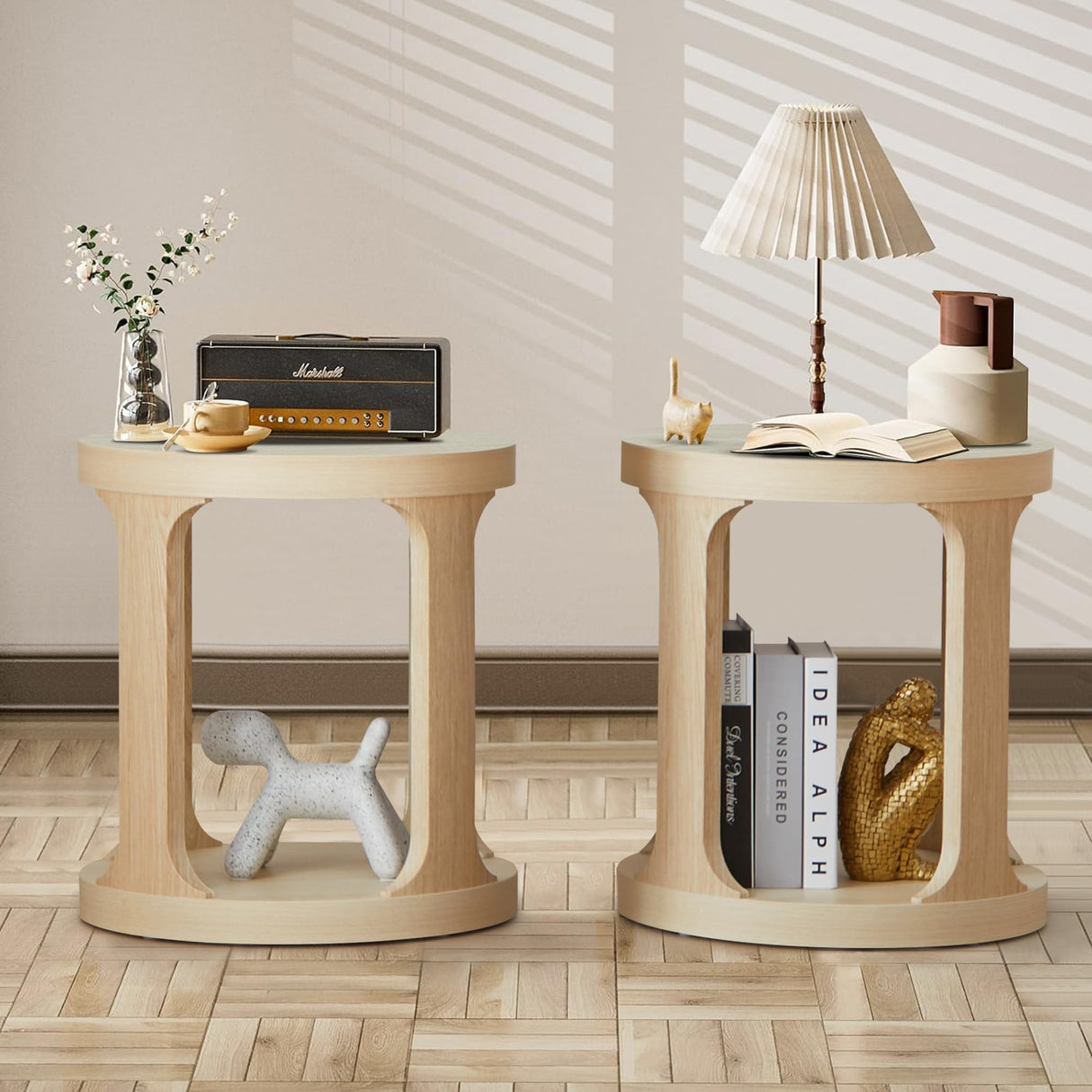 End Table Set of 2, Round Side Table with 2-Tier Storage, Accent Sofa Table for Living Room