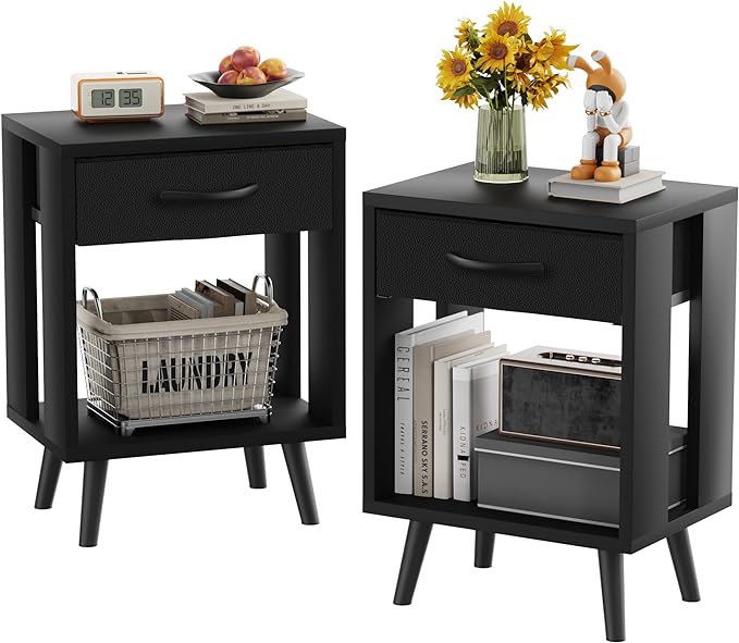 Nightstands Set of 2 with Black Fabric Storage Drawer and Open Wood Shelf,