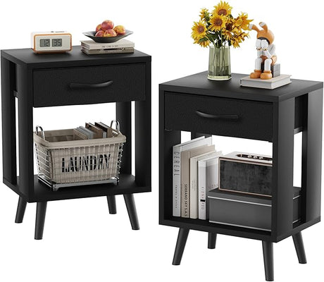 Nightstands Set of 2 with Fabric Storage Drawer and Open Wood Shelf, Side Table