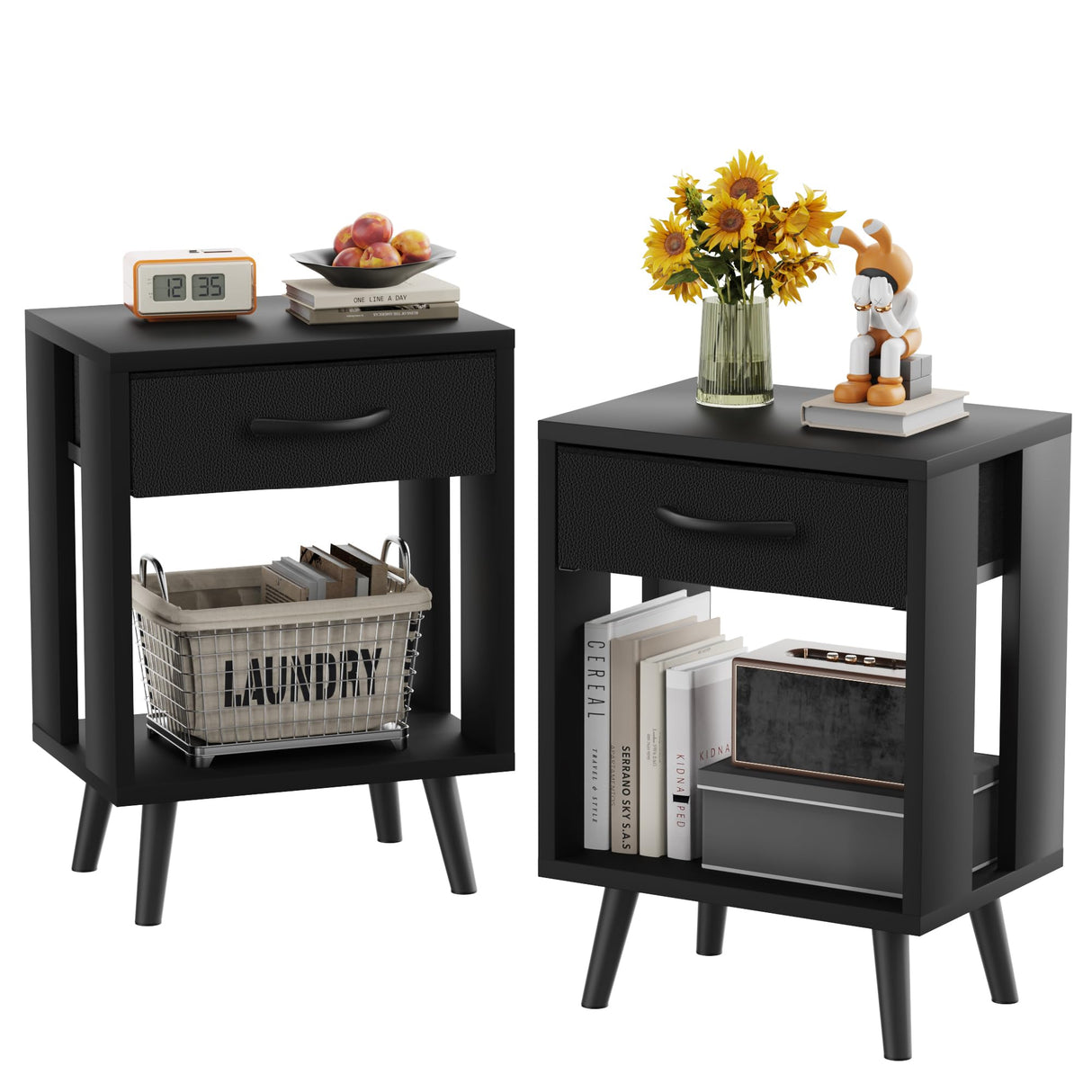 Nightstands Set of 2 with Fabric Storage Drawer and Open Wood Shelf, Side Table