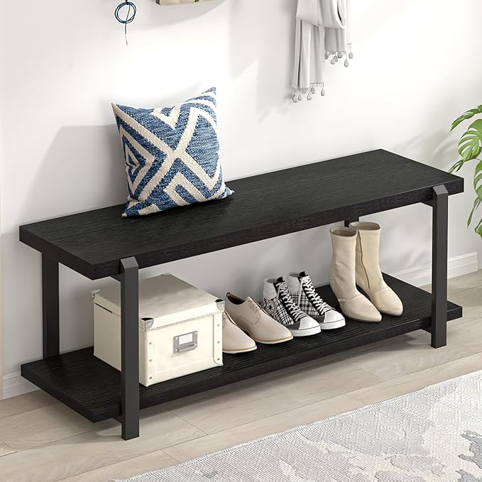 Shoe Bench, Industrial Entryway Bench with Storage, Rustic Wood and Metal Shoe Rack