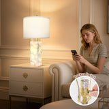 Scenekoy Natural Alabaster Table Lamp Set of 2 with Night Light for Bedroom Living Room, 23" Rotary Switch Bedside Lamp with Linen Shade, Modern Nightstand Lamps for Room Office Dorm (Bulb Included)