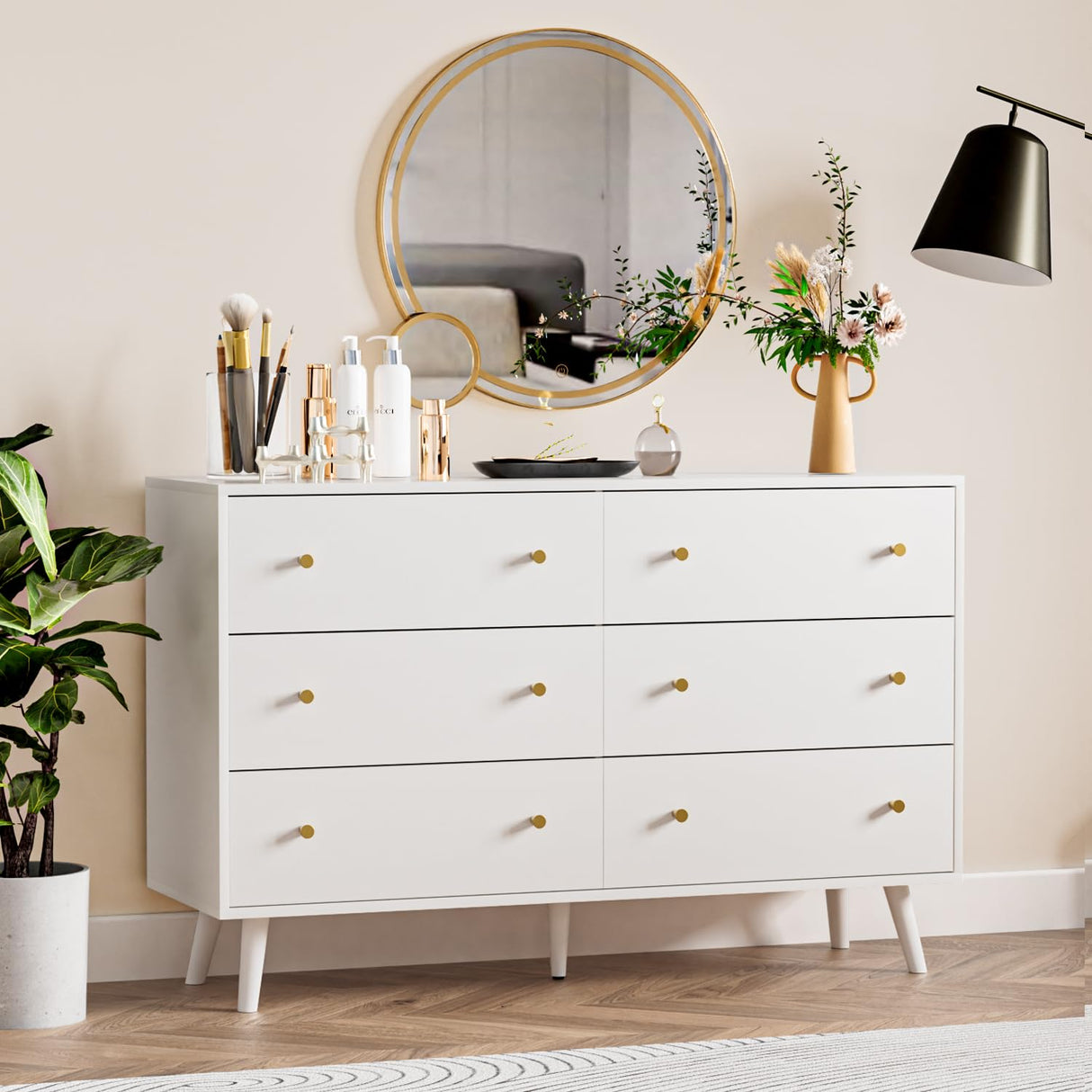 White 6 Drawer Dresser for Bedroom, Modern Dresser with Gold Handle