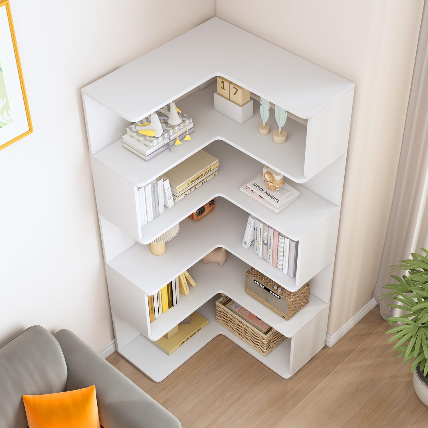 6-Tier L-Shaped Corner Bookshelf - 66" Tall Wooden Freestanding Bookcase