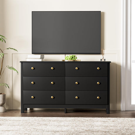 Black Dresser for Bedroom, Modern 6 Drawer Double Dresser for Kids