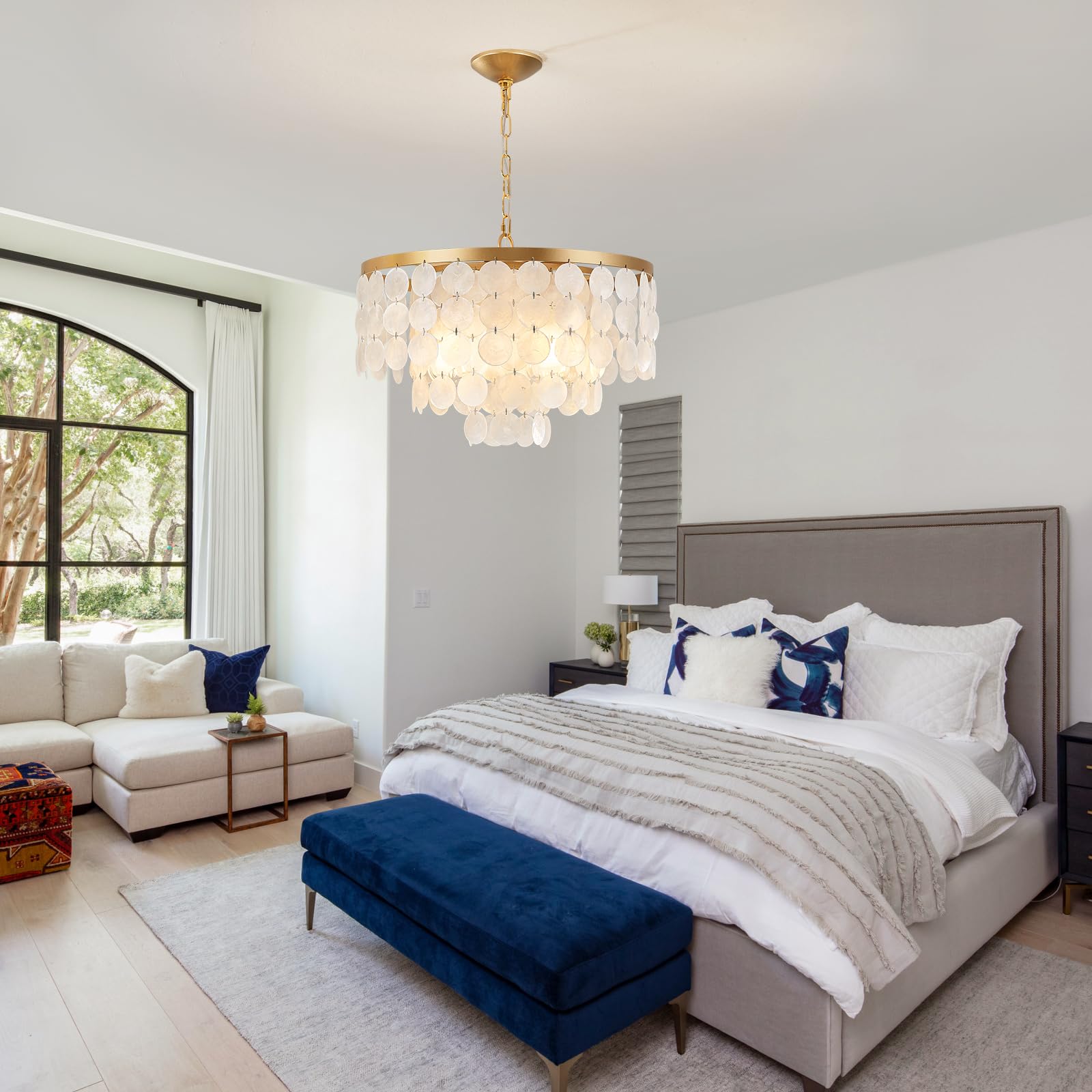 Shell Chandelier, White and Gold Chandelier Light Fixture with 4 Lights Capiz Seashell