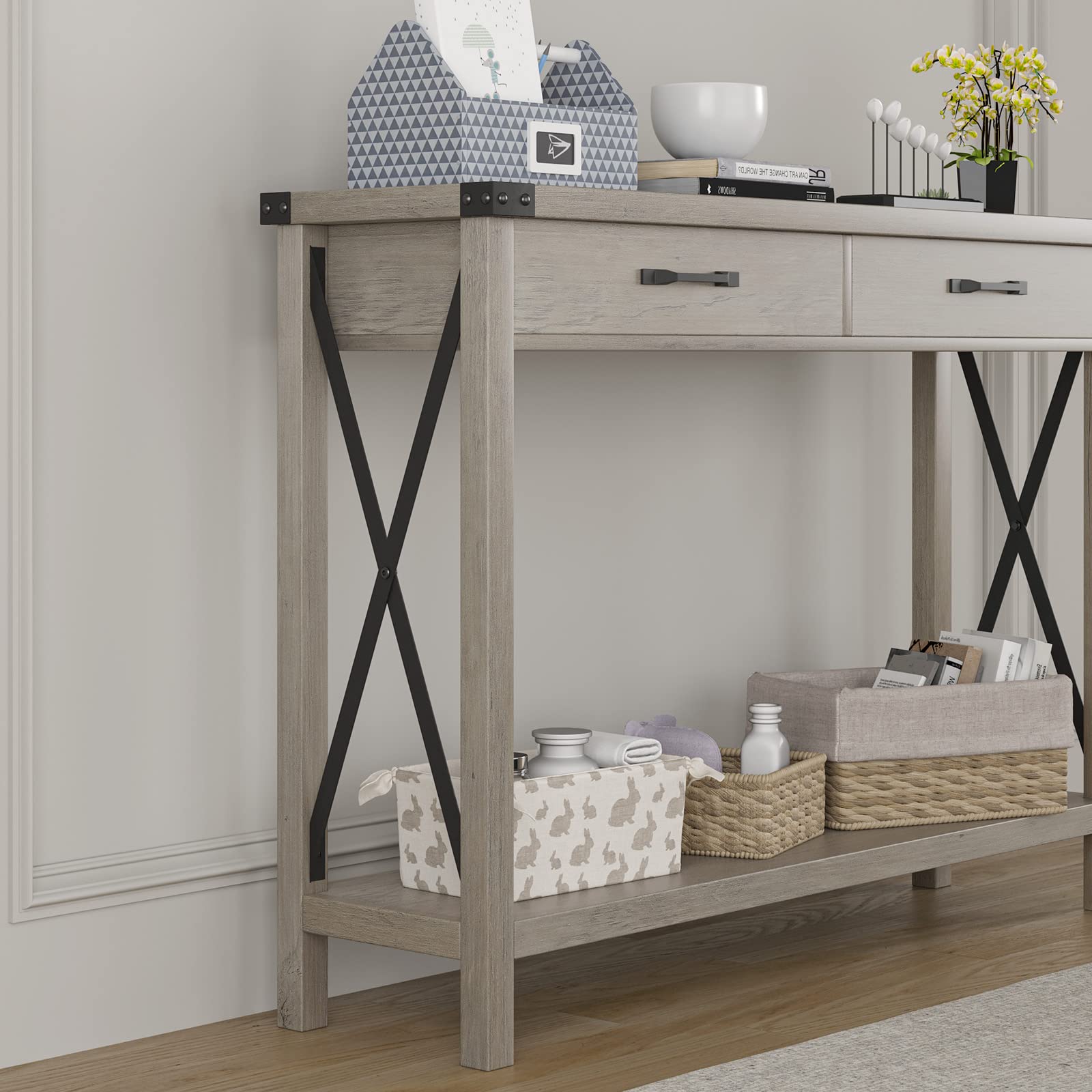 Console Table with 2 Drawers, Farmhouse Entryway Table with Storage Shelf, Accent